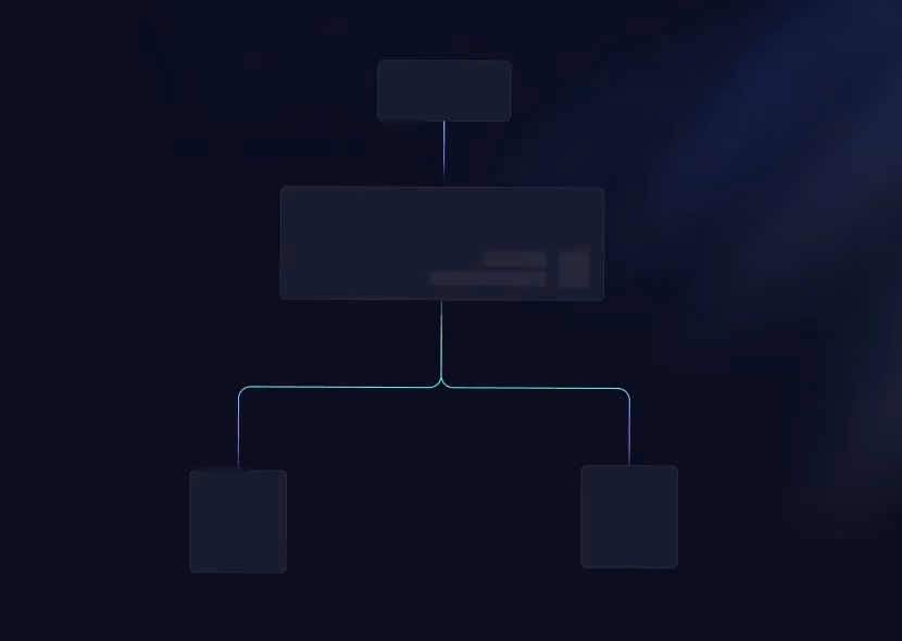 Dark org-chart diagram of blank boxes connected by glowing green and purple lines