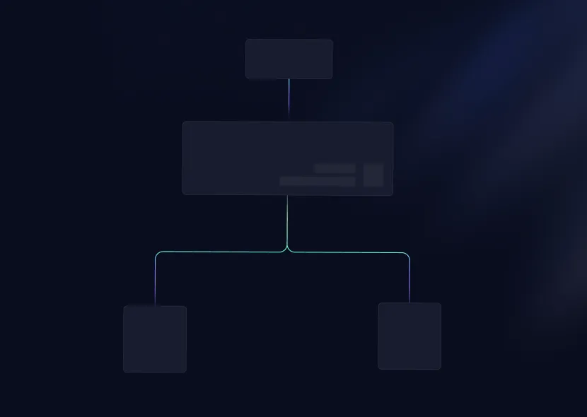 Dark org-chart diagram of blank boxes connected by glowing green and purple lines