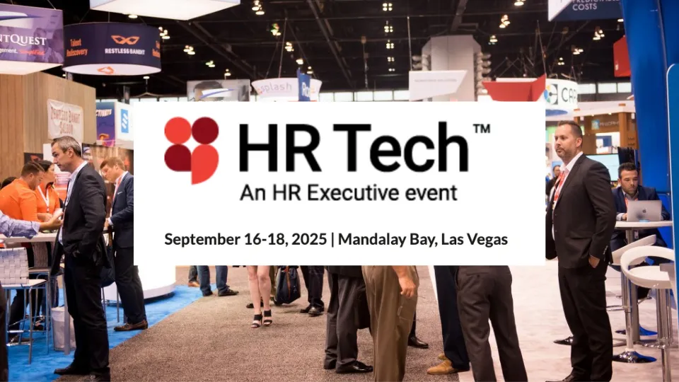 HR Tech conference banner above a busy exhibition floor