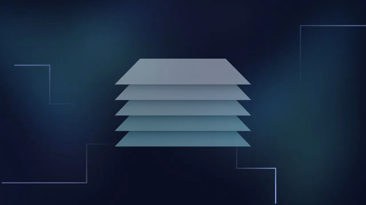 Five translucent layers stacked on a dark blue background with circuit-style lines