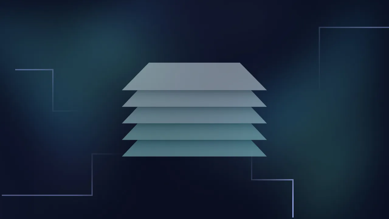 Five translucent layers stacked on a dark blue background with circuit-style lines