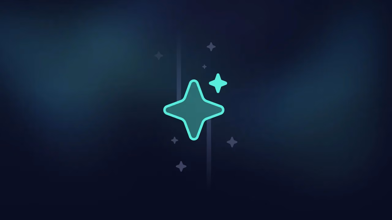 Mint four-pointed AI sparkle icon surrounded by smaller stars on a dark background