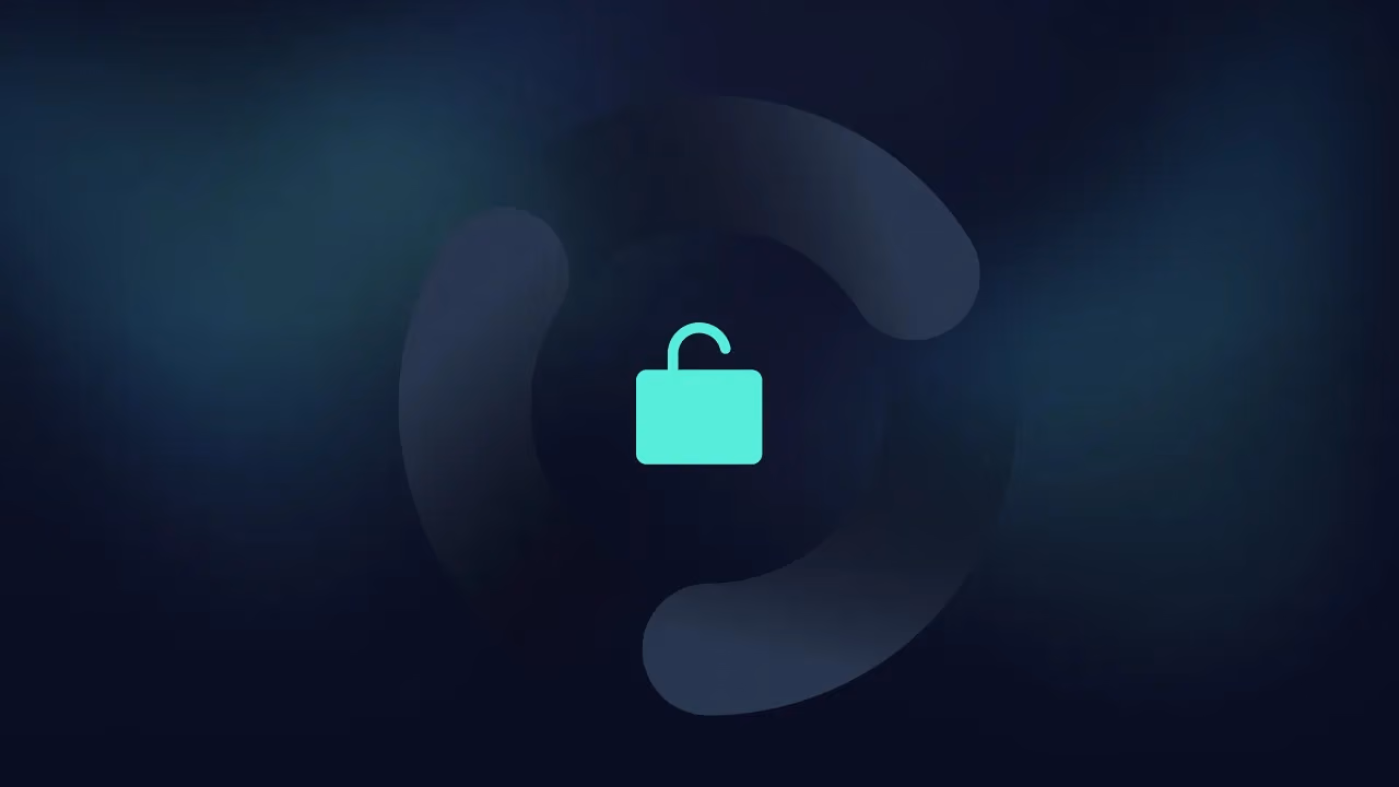 Mint open-padlock icon centred in a dark swirling circle on a deep blue background
