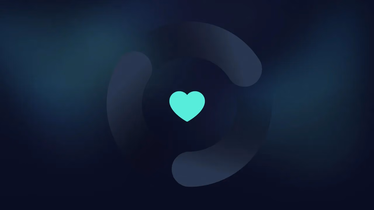 Mint heart icon centred in a dark swirling circle on a deep blue background