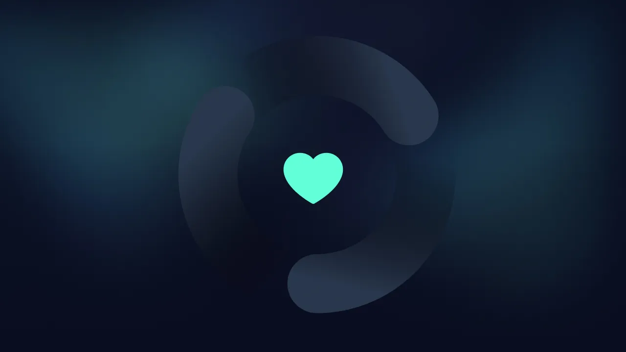 Mint heart icon centred in a dark swirling circle on a deep blue background