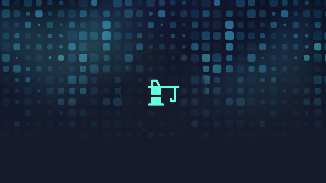 Mint construction-crane icon on a dark background of scattered pixel squares