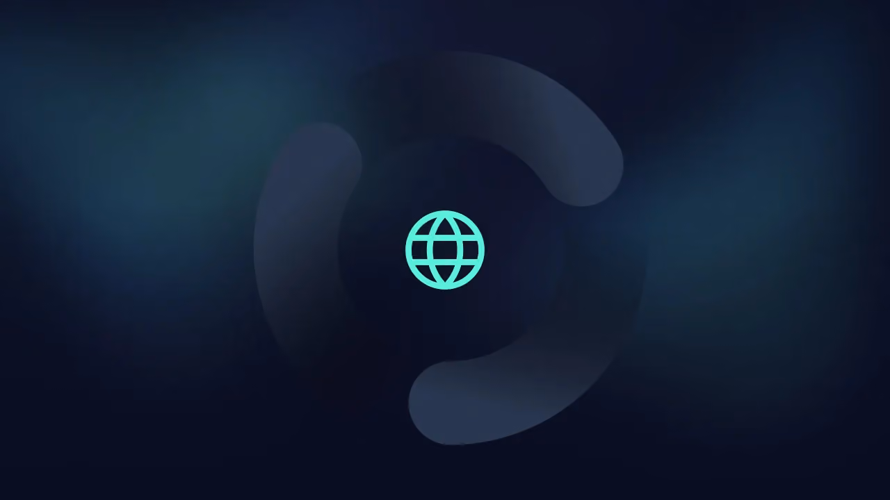 Mint globe icon centred in a dark swirling circle on a deep blue background
