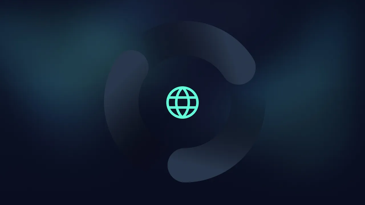 Mint globe icon centred in a dark swirling circle on a deep blue background