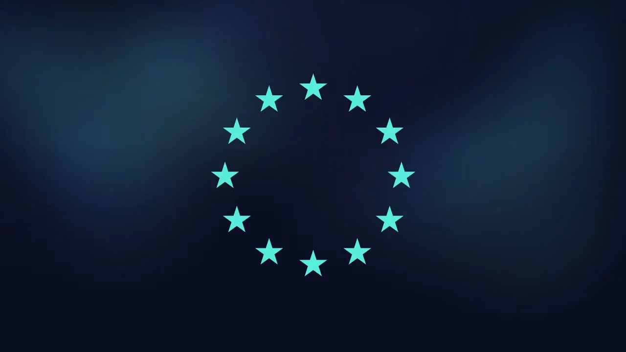 Twelve mint stars arranged in a circle, the EU emblem, on a dark blue background