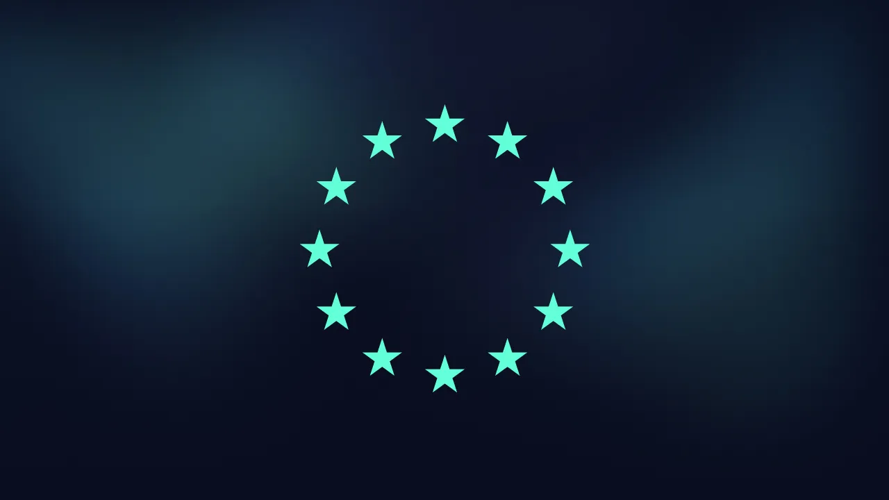 Twelve mint stars arranged in a circle, the EU emblem, on a dark blue background