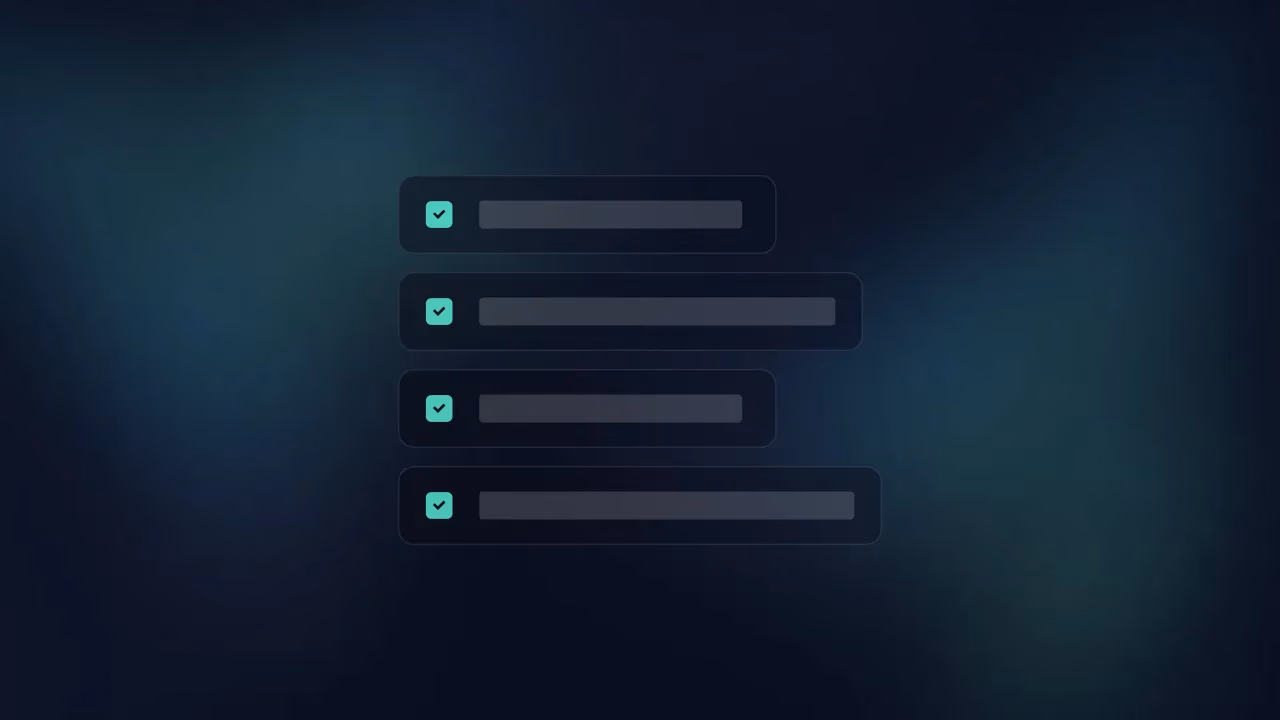Four blank checklist rows with mint checkmarks on a dark blue background