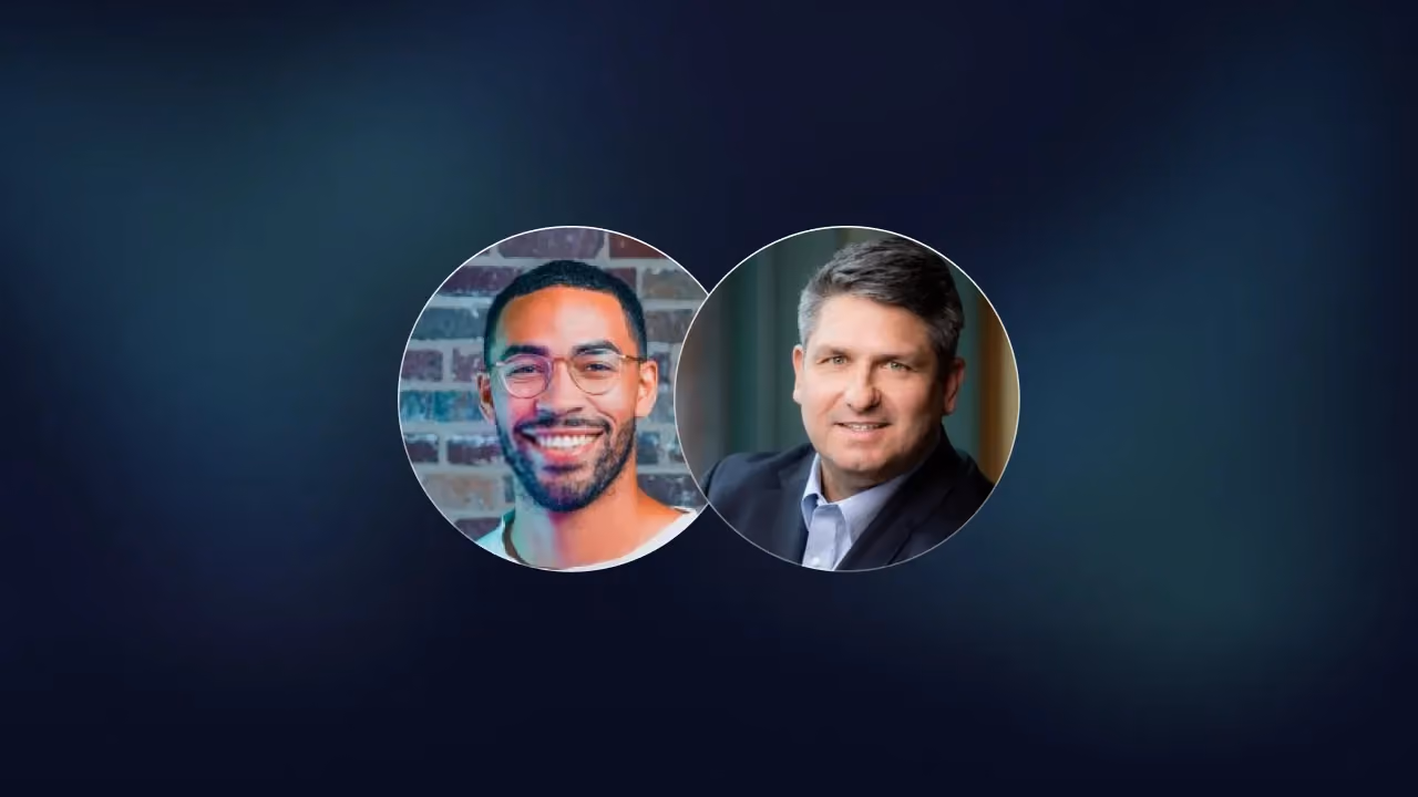 Two circular headshots side by side: a bearded man in glasses and a man in a dark suit