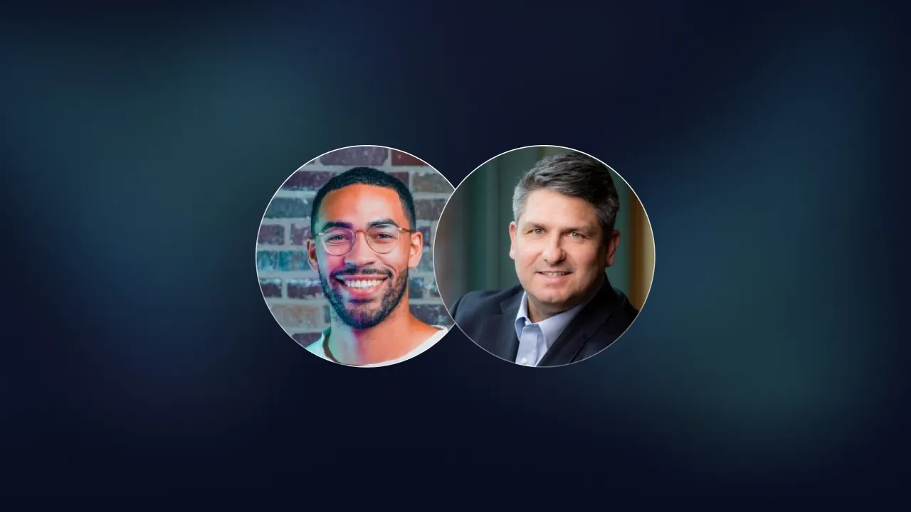 Two circular headshots side by side: a bearded man in glasses and a man in a dark suit
