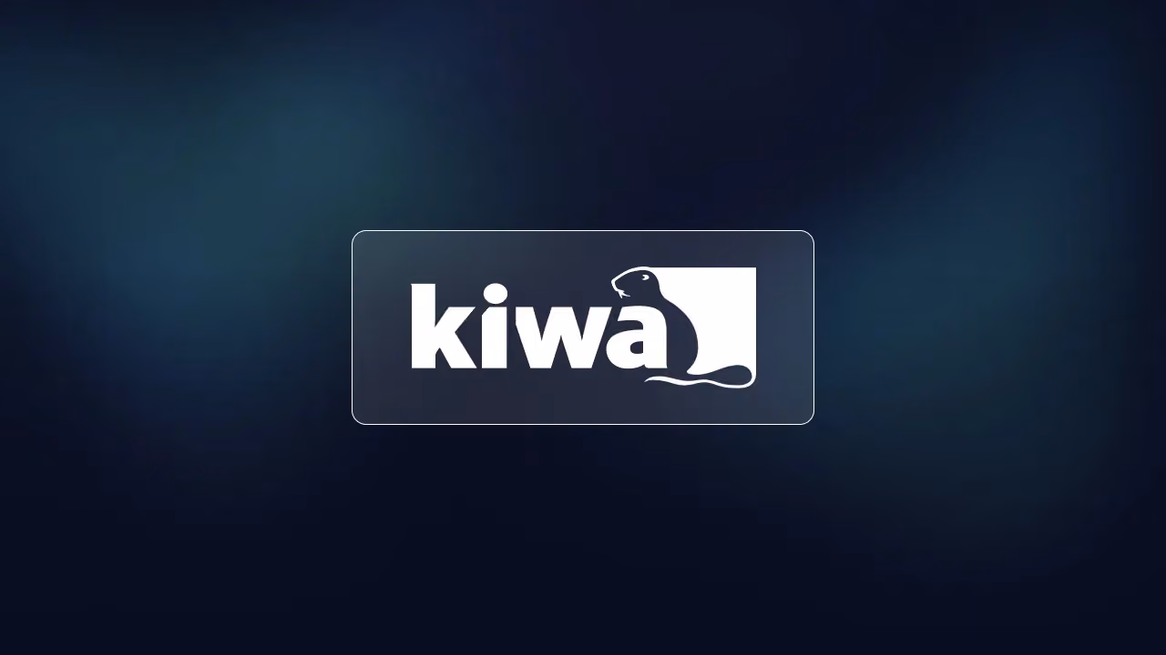Kiwa certification logo, a white wordmark with a marmot, on a dark blue background