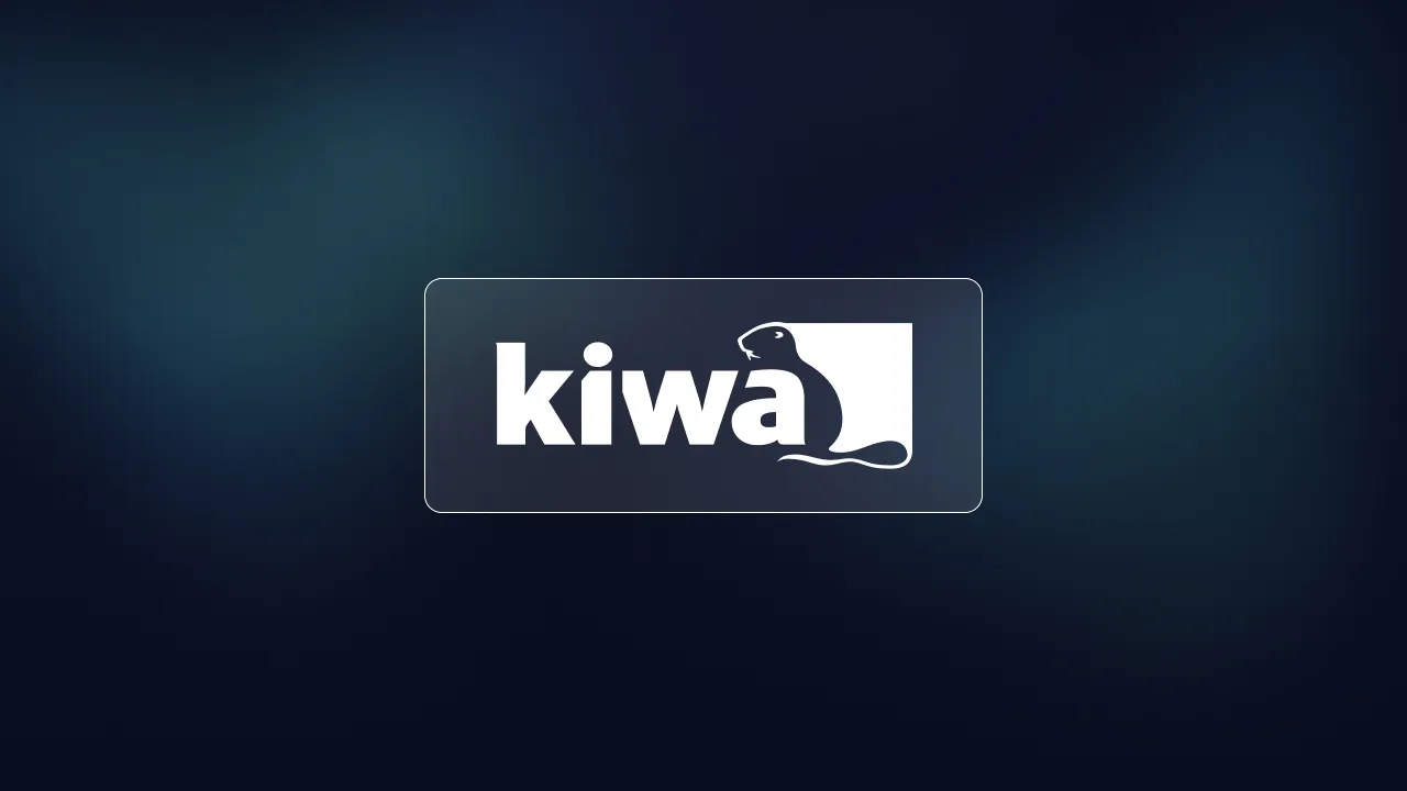 Kiwa certification logo, a white wordmark with a marmot, on a dark blue background