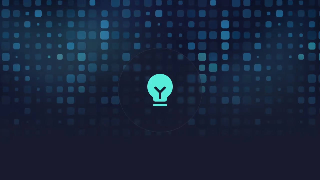 Mint lightbulb icon on a dark background of scattered teal pixel squares