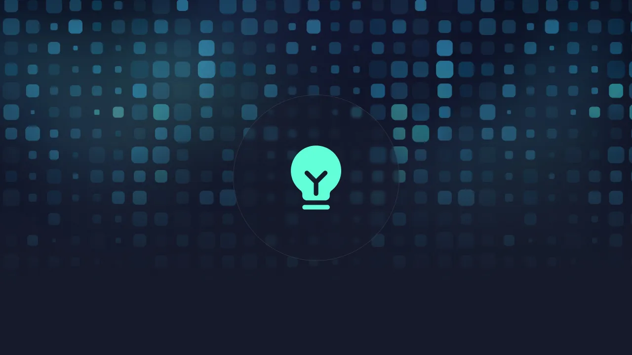 Mint lightbulb icon on a dark background of scattered teal pixel squares