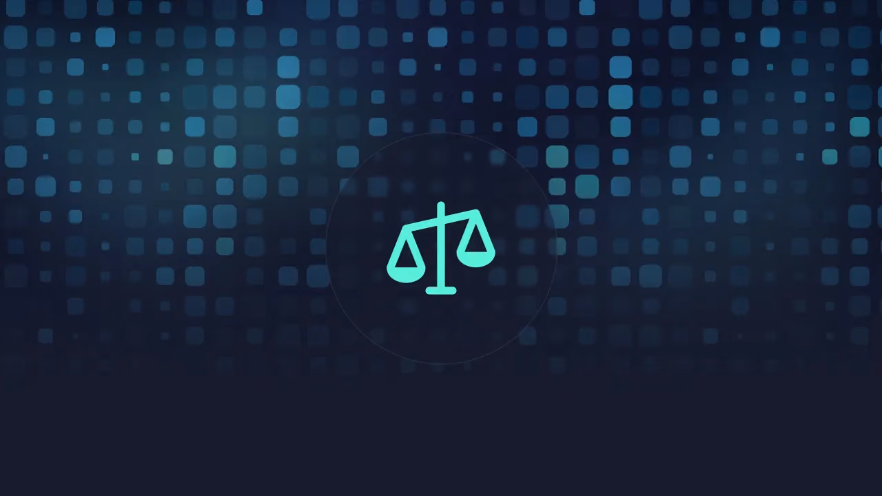 Mint scales-of-justice icon on a dark background of scattered pixel squares
