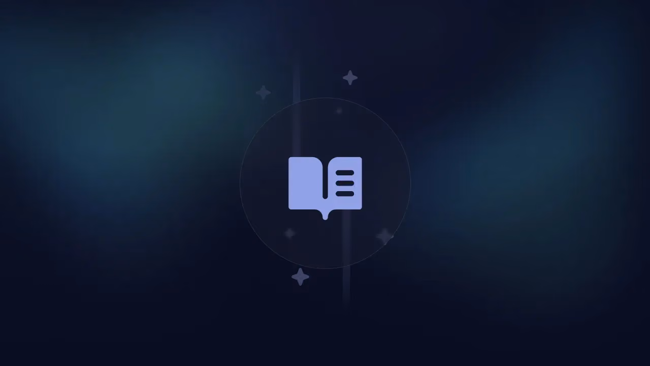 Lilac open-book icon inside a circle with sparkles on a dark blue background