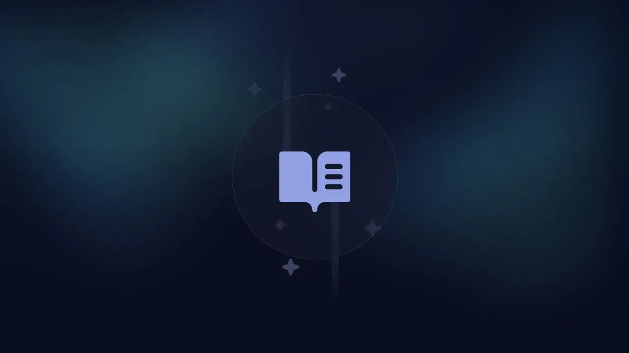 Lilac open-book icon inside a circle with sparkles on a dark blue background