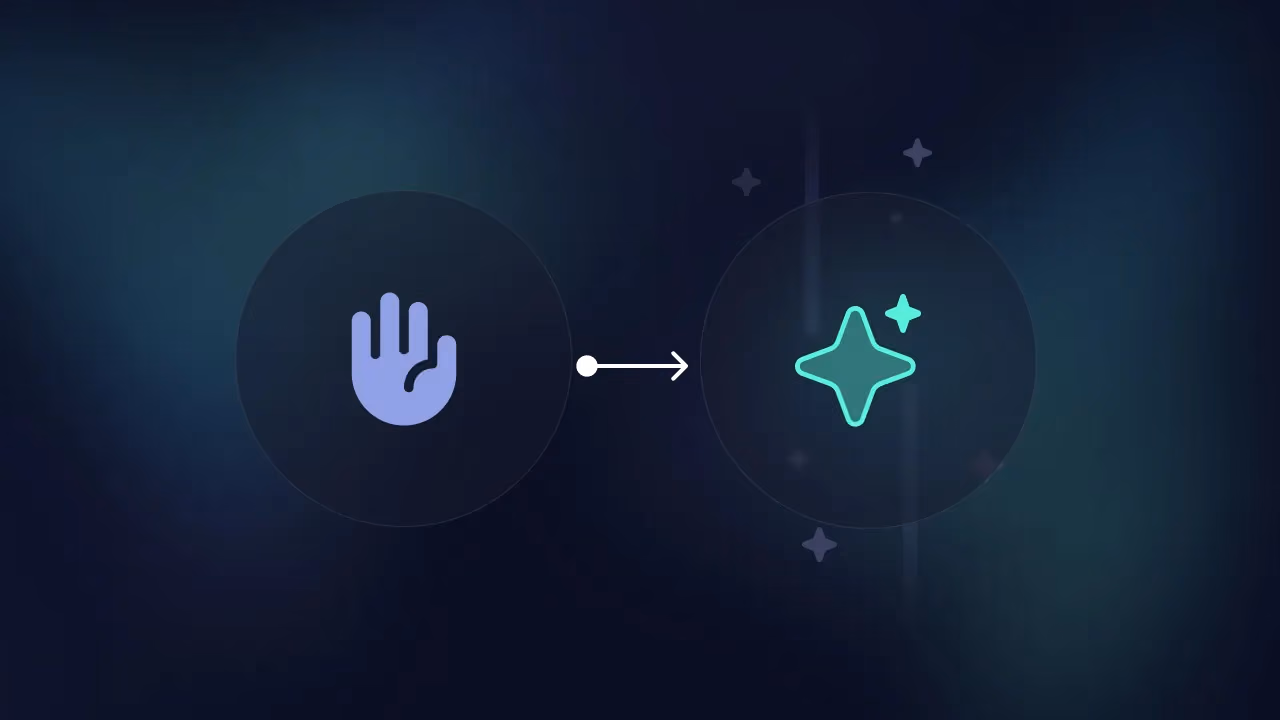 Icons linked by an arrow: a raised human hand pointing to a mint AI sparkle