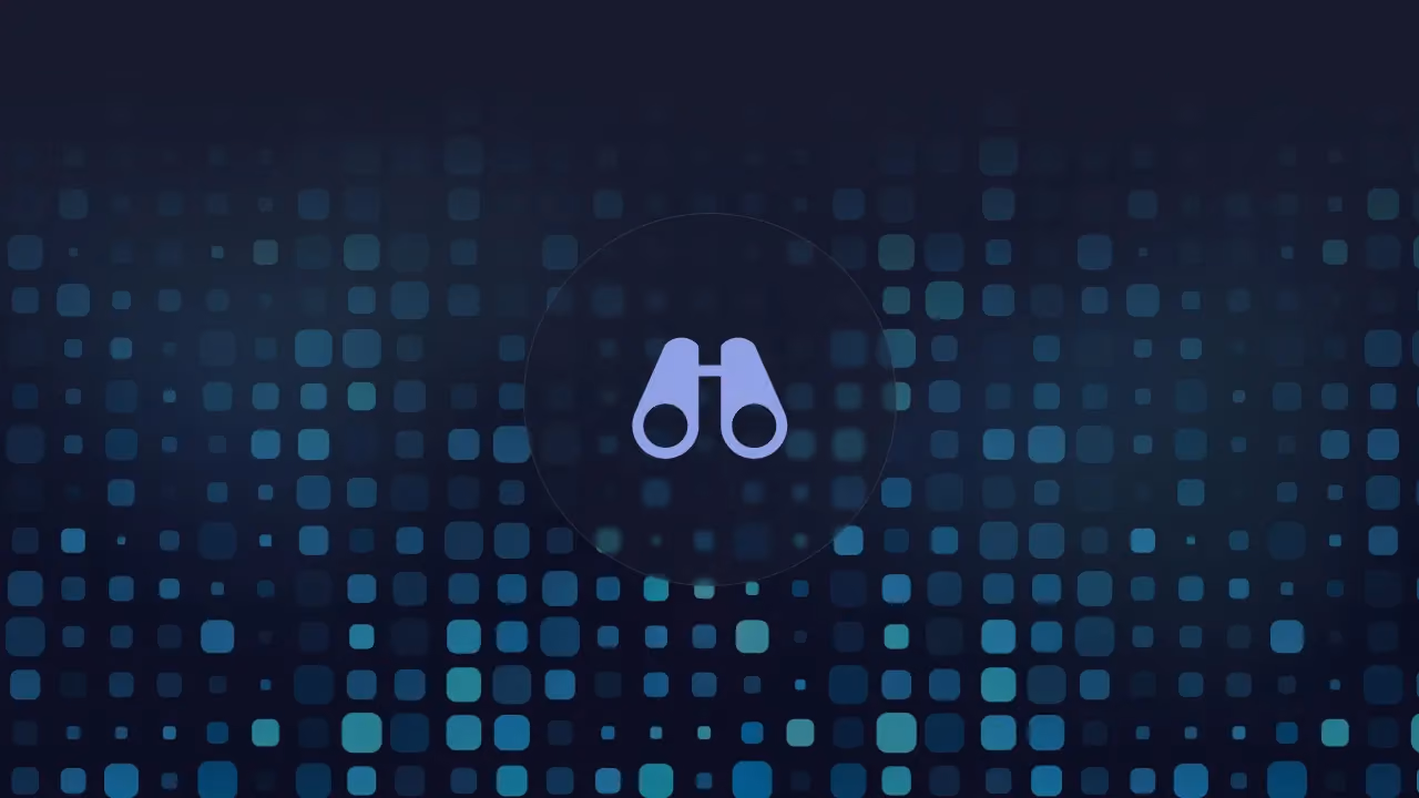 Lilac binoculars icon on a dark background of scattered teal pixel squares