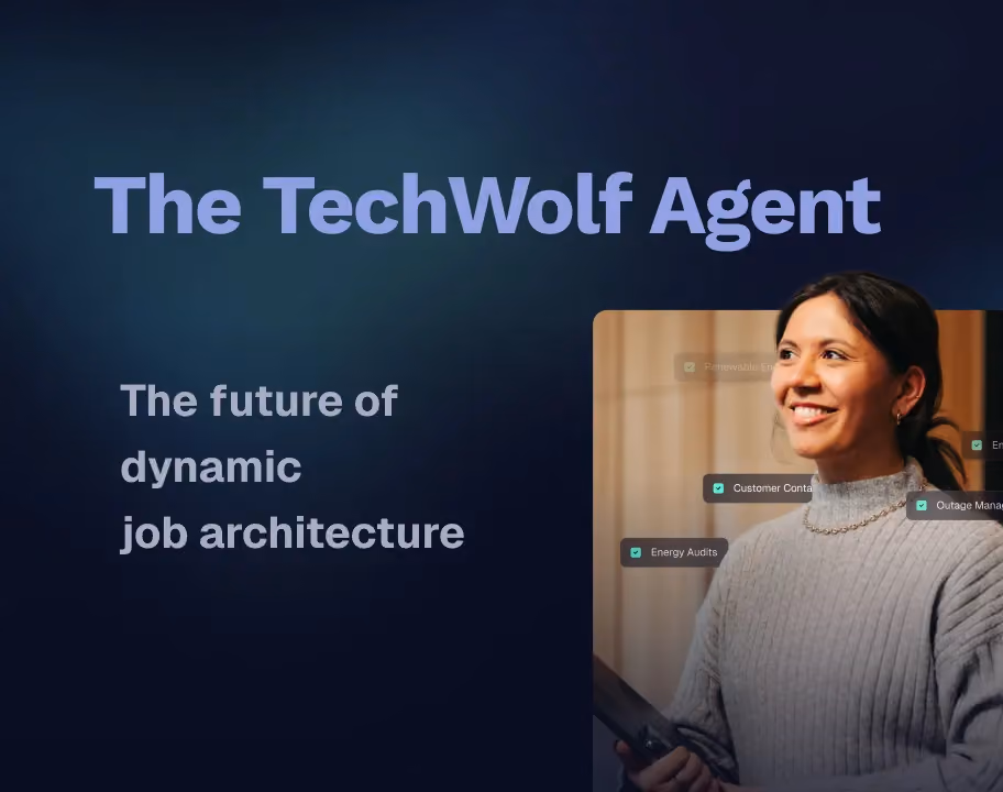 The TechWolf Agent title card: the future of dynamic job architecture, next to a person holding a tablet