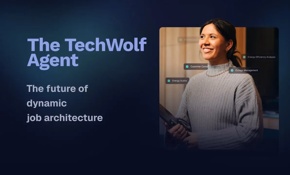 The TechWolf Agent title card: the future of dynamic job architecture, next to a person holding a tablet