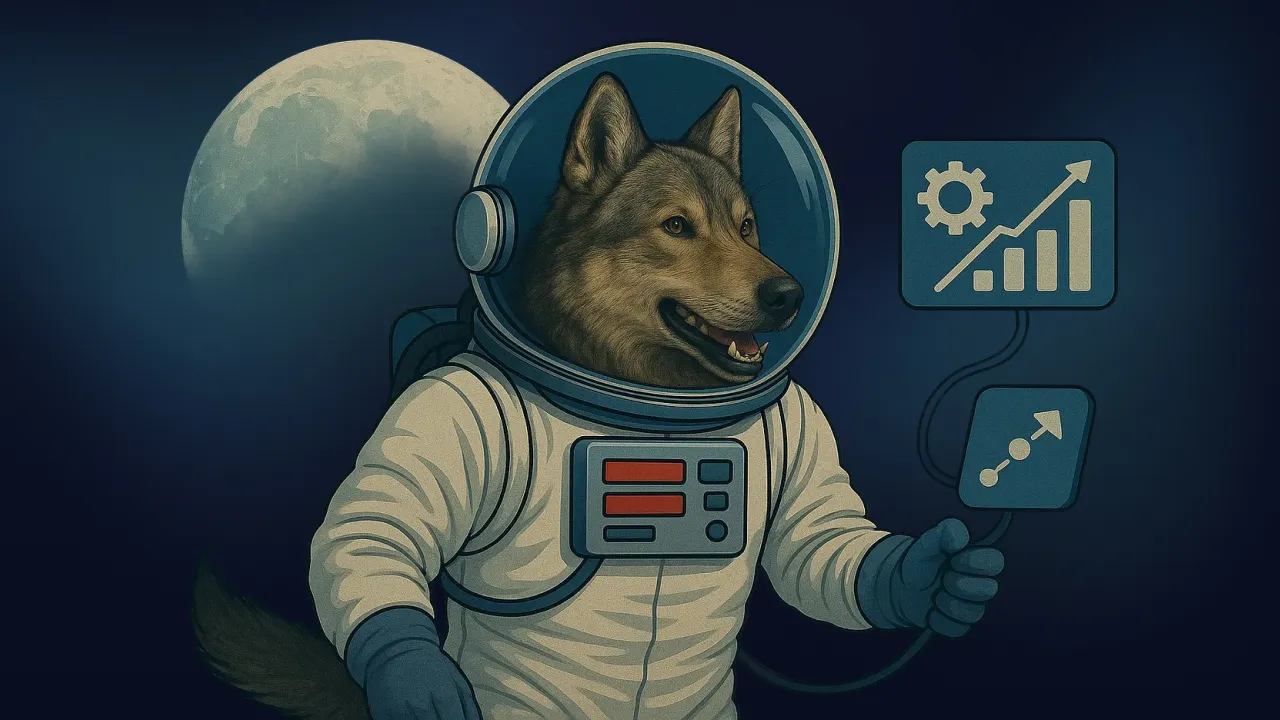 Illustration of a wolf in an astronaut suit holding growth-chart panels in front of the moon