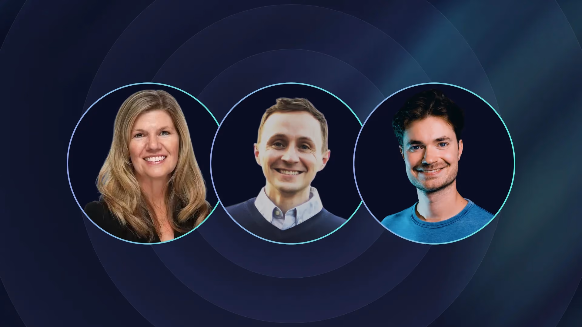 Three speaker portraits on a dark background