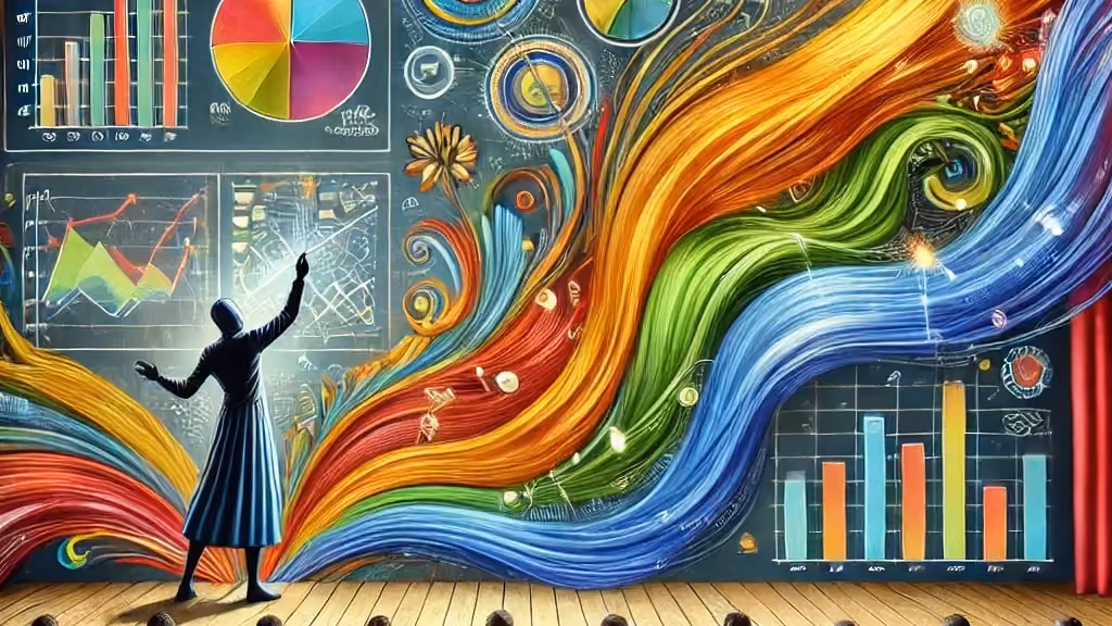 Painted illustration of a woman gesturing at a chalkboard of charts as colour swirls across it
