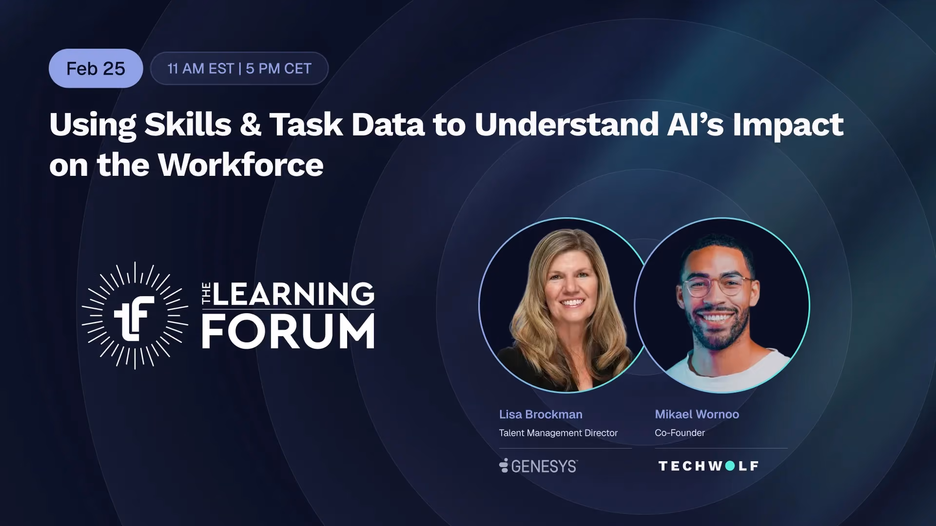 Learning Forum webinar card with Lisa Brockman of Genesys and Mikael Wornoo of TechWolf on AI's impact