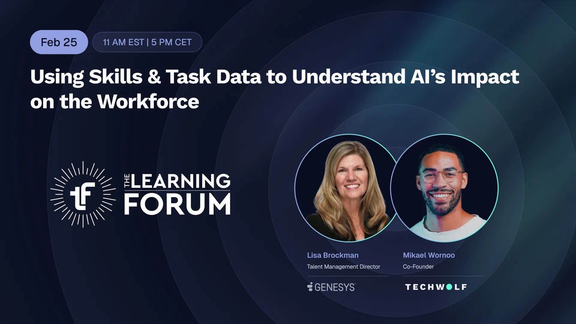 Learning Forum webinar card with Lisa Brockman of Genesys and Mikael Wornoo of TechWolf on AI's impact