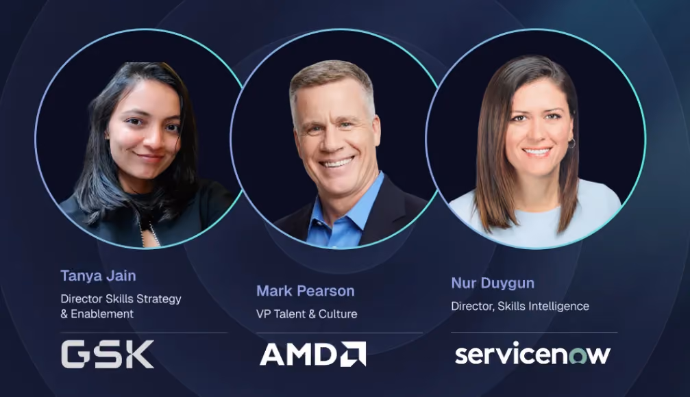 Speaker portraits of Tanya Jain of GSK, Mark Pearson of AMD and Nof Duygun of ServiceNow
