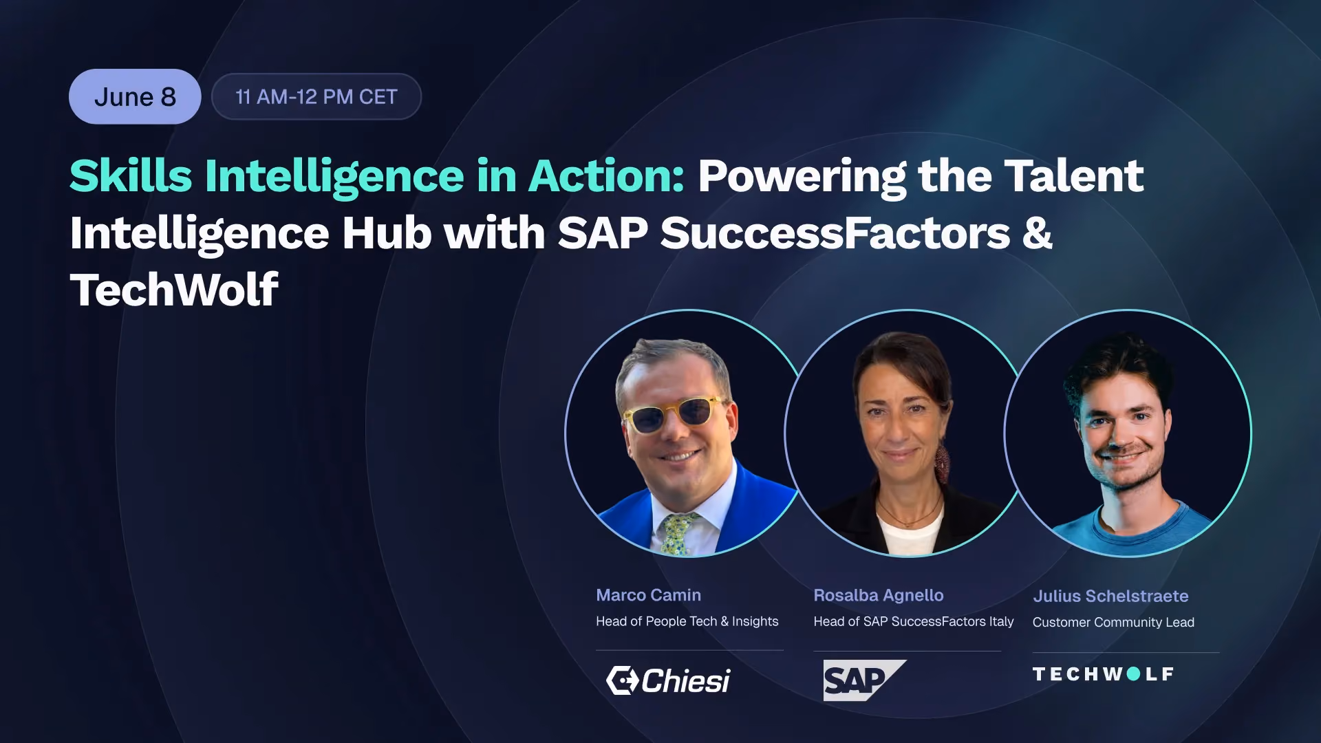 Webinar card: Skills Intelligence in Action, with speakers from Chiesi, SAP and TechWolf