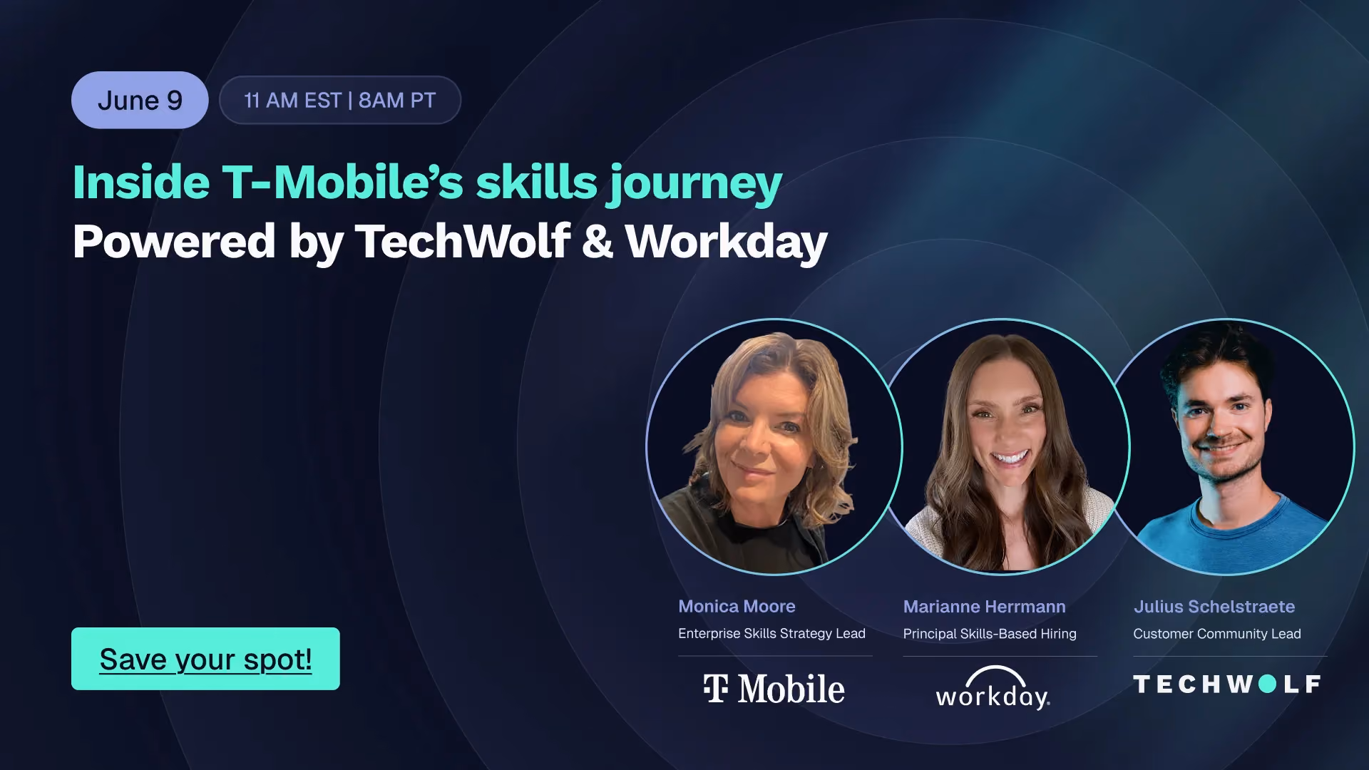 Webinar card: Inside T-Mobile's skills journey, with Monica Moore, Marianne Herrmann and Julius Schelstraete