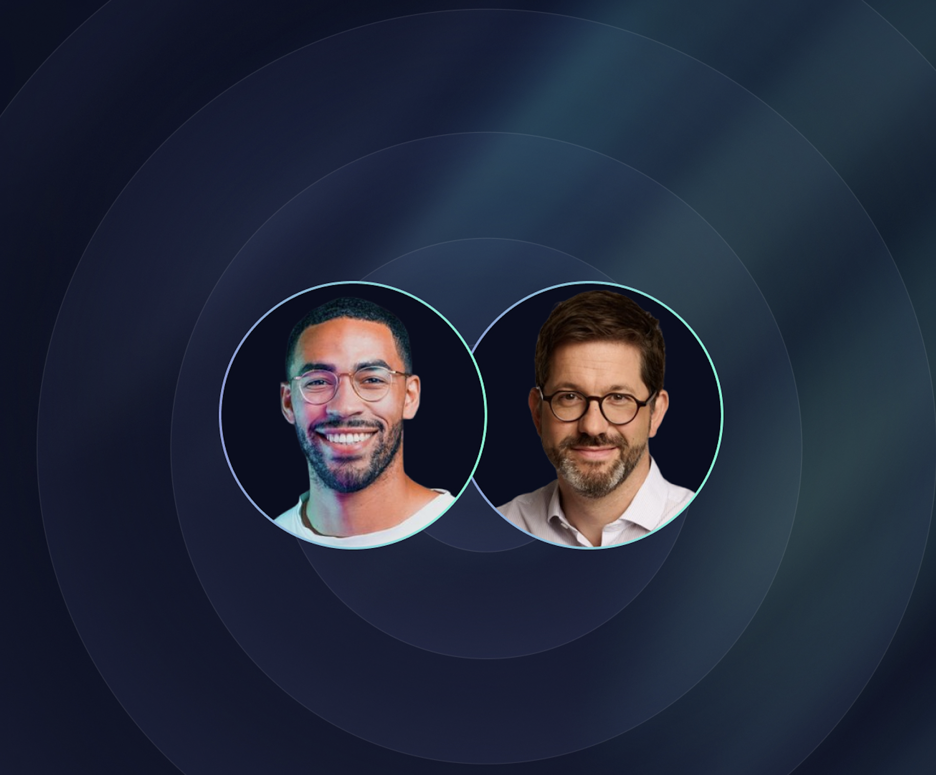 Two circular headshots side by side: a bearded man in glasses and a man in a dark suit