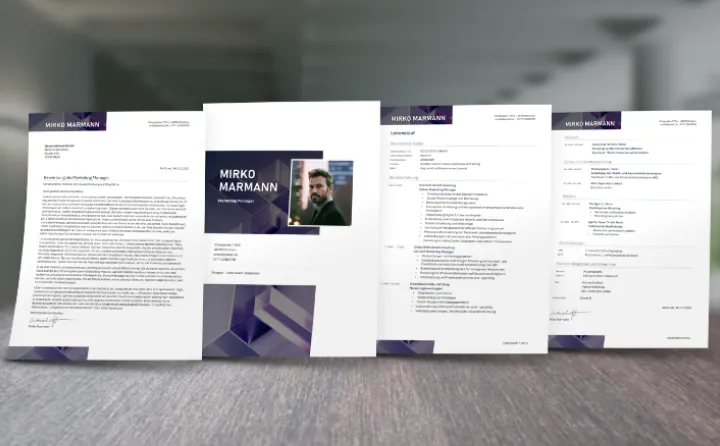 Vier professionell gestaltete Seiten eines Lebenslaufs und Bewerbungsschreibens von Mirko Marmann, inklusive Foto und Kontaktdaten, auf einem Holztisch.