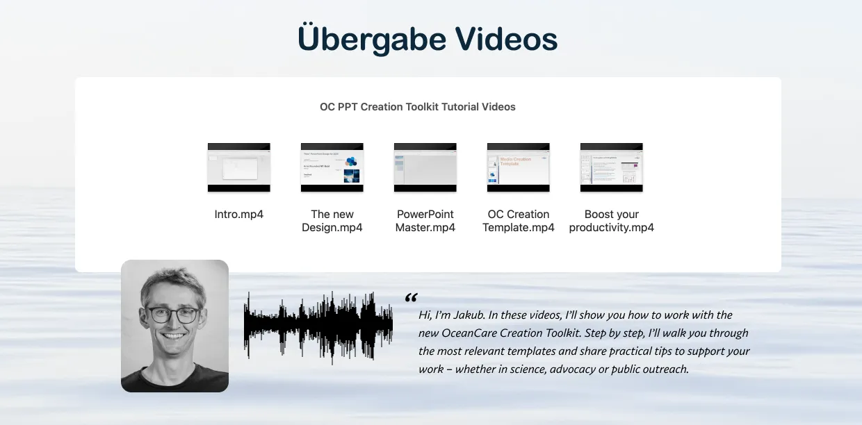 Webseite mit fünf Tutorial-Videos zu OceanCare Creation Toolkit und Porträtfoto eines Mannes mit Brille, der Jakub heißt, neben einer Audio-Wellenform und Einführungstext.