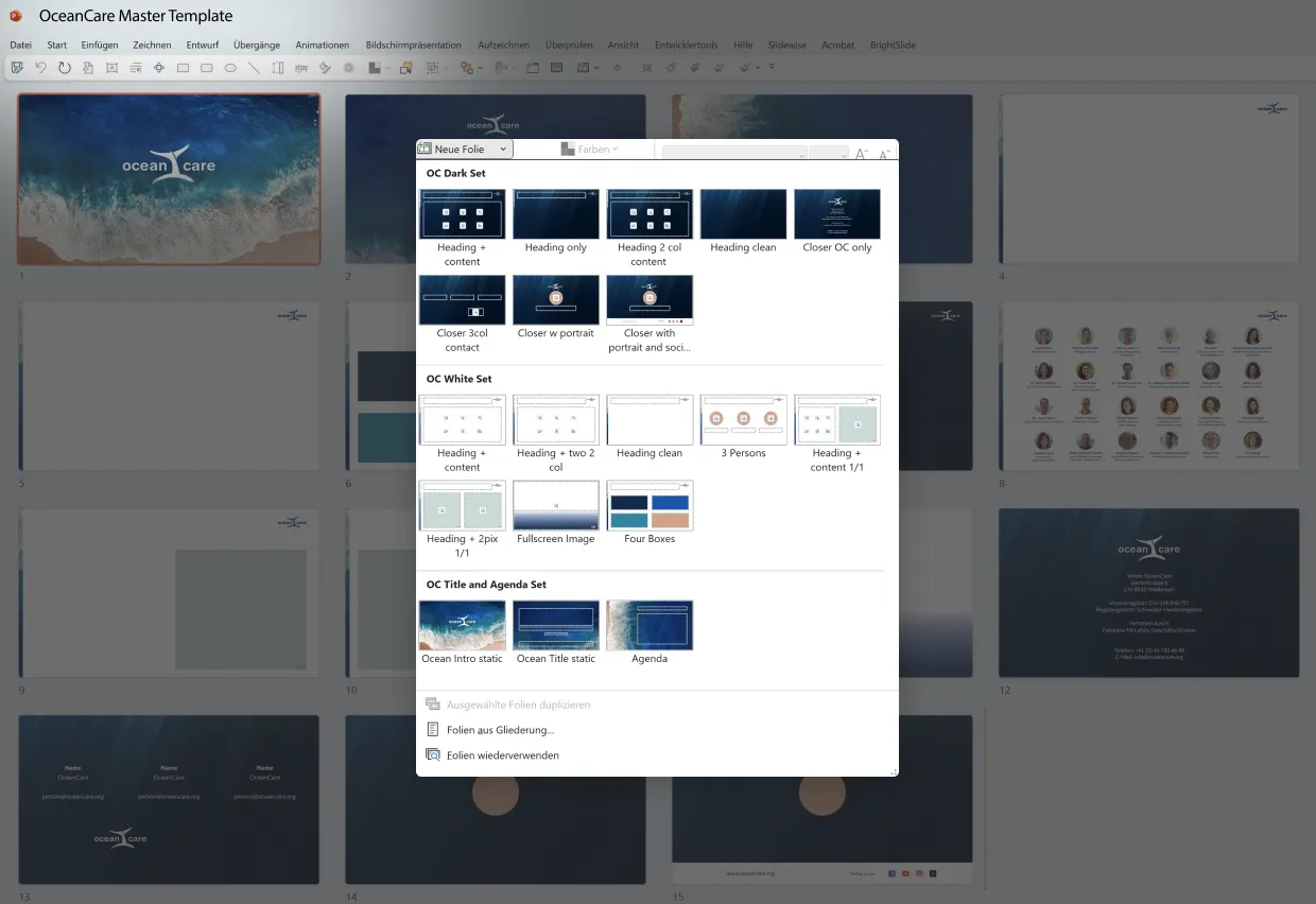PowerPoint-Oberfläche mit geöffnetem Folienlayout-Menü zur Auswahl von verschiedenen Folienlayouts für OceanCare Master Template.