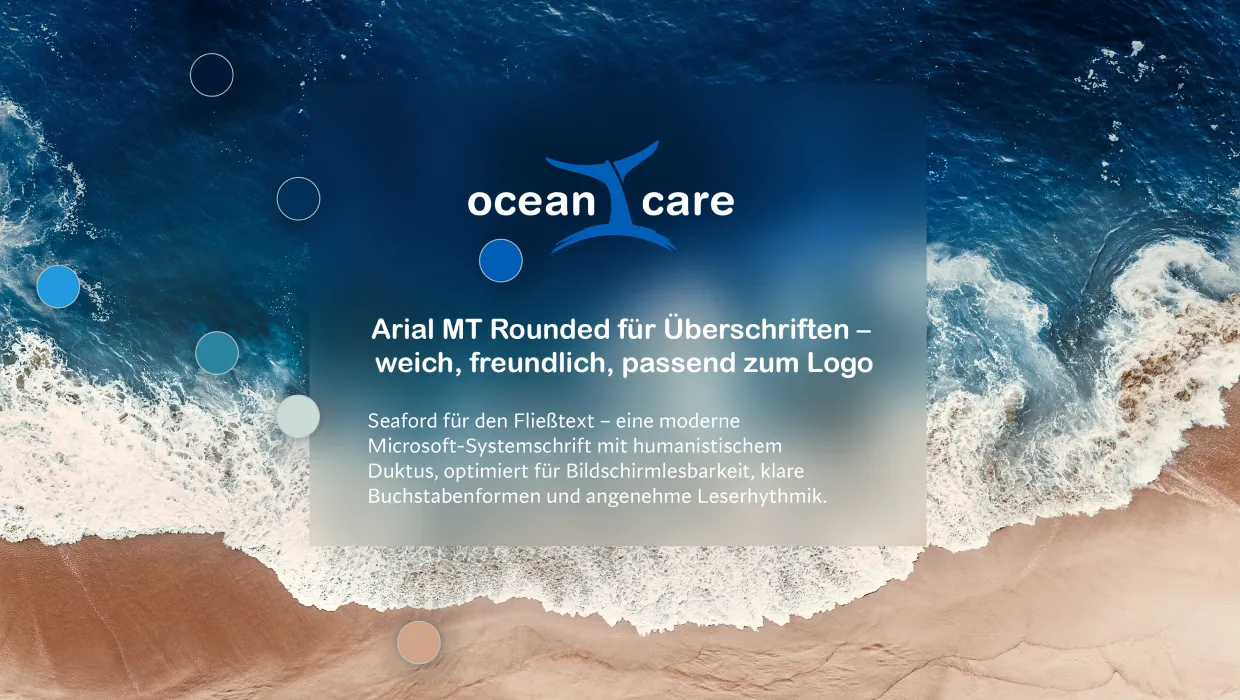 Ansicht eines Strandes mit Wellen und Sand, darüber ein transparentes Kästchen mit dem Ocean Care Logo und Text zu Schriftarten Arial MT Rounded und Seaford.