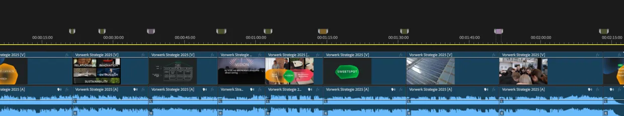 Screenshot of a video editing timeline showing multiple clips, audio tracks, and time markers.