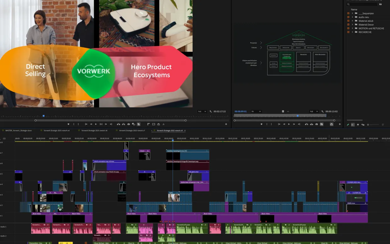 Videobearbeitungssoftware zeigt mehrschichtige Timeline mit Szenen von Vorwerk Staubsaugerrobotern und Präsentationsfolien.