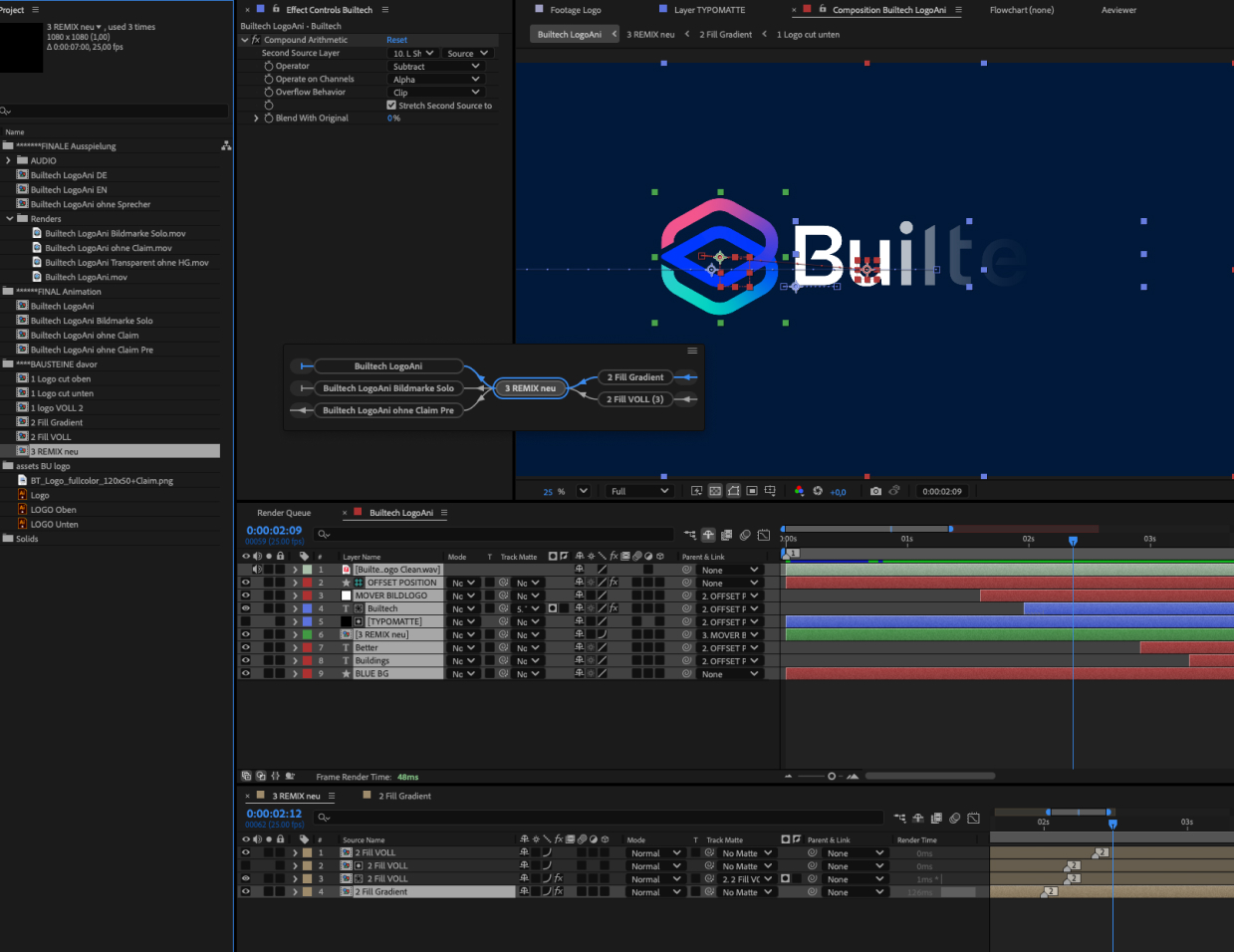 Screenshot of video editing software interface showing layers and timeline for animating a colorful Builtech logo with gradient effects.