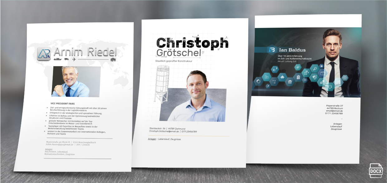 Drei professionelle Bewerbungsschreiben mit Fotos von männlichen Bewerbern und deren Namen: Arnim Riedel, Christoph Grötschel und Jan Baldus.
