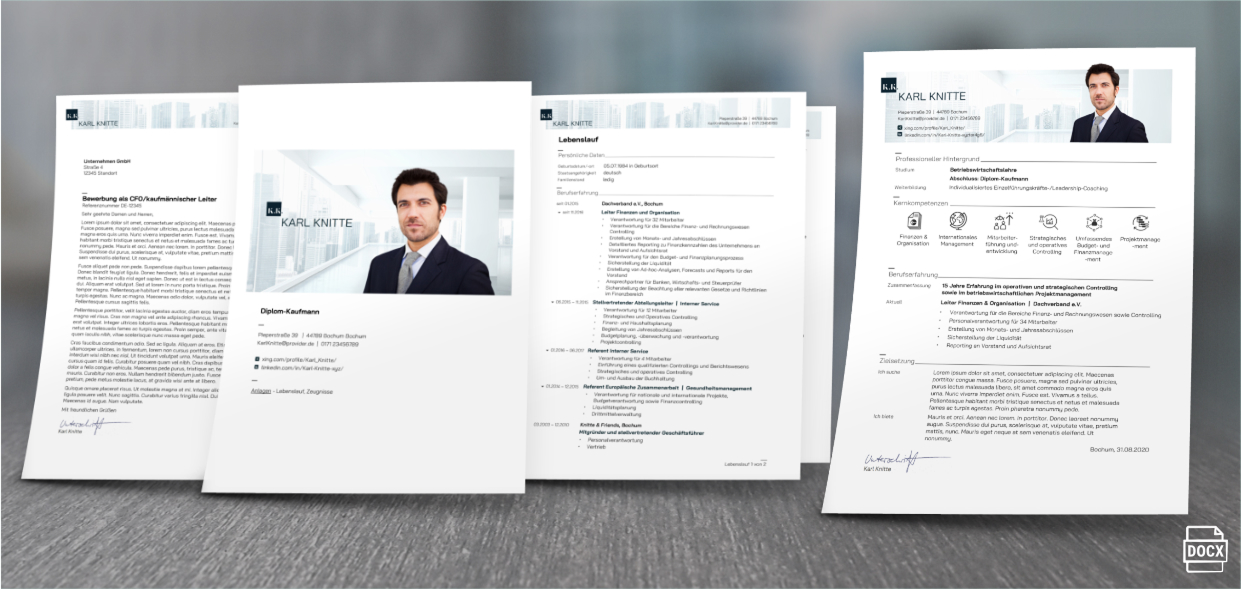 Mehrere Seiten eines professionellen Lebenslaufs und Bewerbungsschreibens mit Foto eines Mannes in Anzug auf grauem Hintergrund.