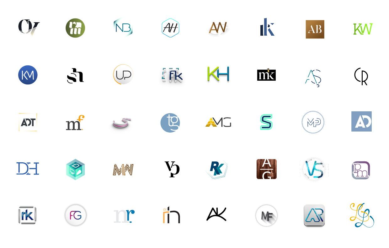 Reihe von 40 verschiedenen minimalistischen Logos und Monogrammen, die hauptsächlich aus Buchstaben bestehen, auf weißem Hintergrund.
