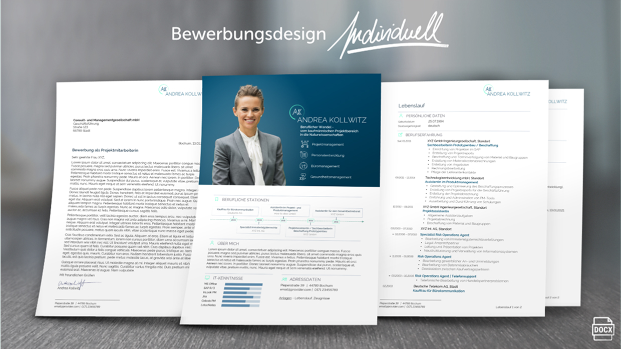 Drei professionell gestaltete Bewerbungsunterlagen mit Foto, Lebenslauf und Anschreiben auf grauem Hintergrund.