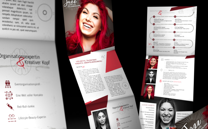 Kreativ gestalteter Lebenslauf mit Porträtfotos einer Frau mit roten Haaren und Abschnitten zu Fähigkeiten, Berufserfahrung und persönlichen Eigenschaften.