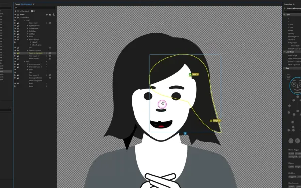 Illustrationssoftware mit bearbeiteter Vektorgrafik eines lächelnden Charakters mit schwarzen Haaren und grauem Oberteil.